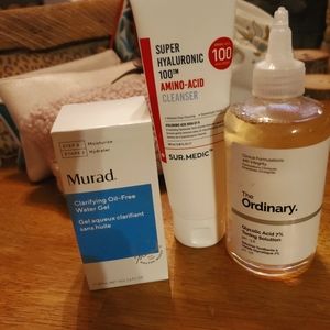 murad oil free water gel, the ordinary glycolic acid, & sur.medic cleanser